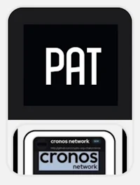 a square sticker with the word pat on it