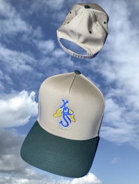 a hat with a blue and green logo on it