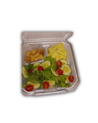 a plastic container with a salad and chips