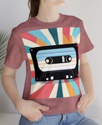 a woman wearing a t - shirt with a cassette tape on it