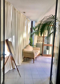 a room with a white curtain and a plant