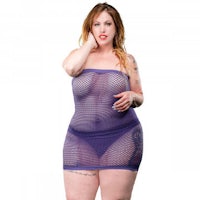 a plus size woman in a purple fishnet dress