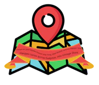 a map with a pin on it and a ribbon