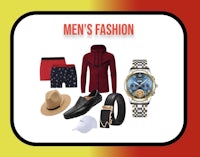 a man's outfit with a watch, hat and shoes