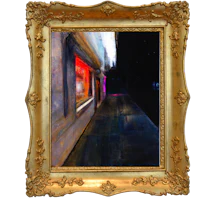 a painting of a street scene in a gold frame
