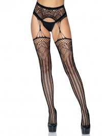 a woman wearing black lace stockings and thigh highs