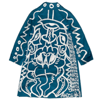 a blue coat with white drawings on it
