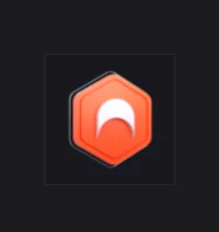 an orange hexagon logo on a black background