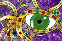 a colorful drawing of an eye with a chain around it