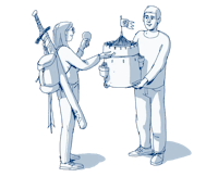 an illustration of a man and woman holding a bucket