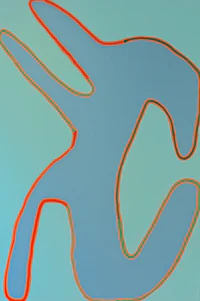 a blue and orange painting with a c in the middle