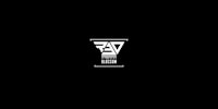 a black and white logo on a black background