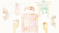 a drawing of a man and a woman hanging from a rope