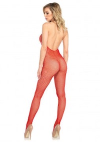 the back view of a woman in a red fishnet bodystocking