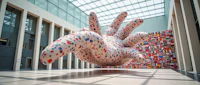 a large sculpture of a hand in a building