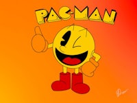 pac - man with a thumbs up on an orange background