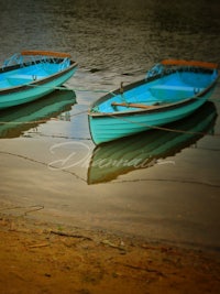 two boats on the shore of a body of water