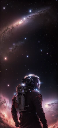 an astronaut standing in space looking at the stars
