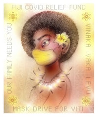 a girl wearing a mask with the words fiji covid relief fund