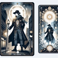 two tarot cards with a man holding a lantern