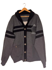 a grey and black cardigan with a black and white stripe