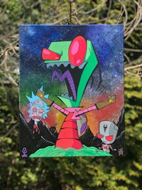 a painting of a cartoon character hanging from a tree
