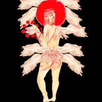 a drawing of a woman with a red afro and wings