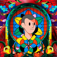 a stained glass with a man in it