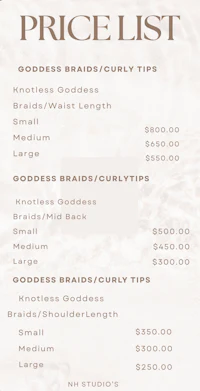 a price list for braids and curls