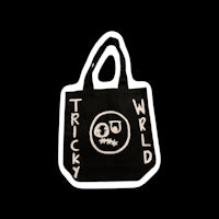 a black tote bag with the words tricky world on it