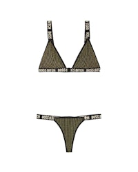 a gold and black bikini set with a logo on it