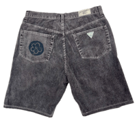 a pair of black denim shorts with a blue patch on the back