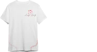a white t - shirt with red writing on it