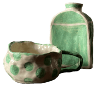 green polka dot mug and bottle