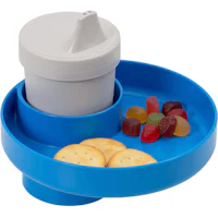 a blue tray with crackers, crackers and a cup