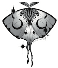 a black and white sticker with a moth on it