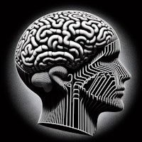 a black and white image of a man's head with a brain on it