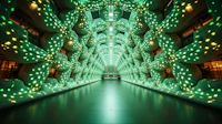 a hallway lit up with green lights