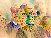 a watercolor painting of a group of people wearing masks