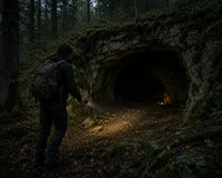 a man with a backpack standing in front of a cave
