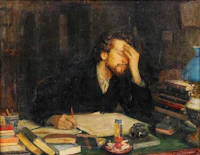 a painting of a man sitting at a desk