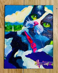a painting of a black and white cat on a blue background
