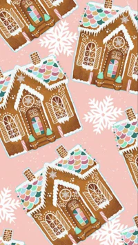 a gingerbread house on a pink background