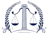 a blue and white logo with a scales of justice