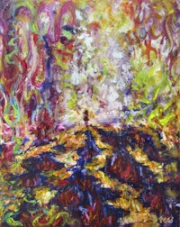 a painting of a person walking down a path