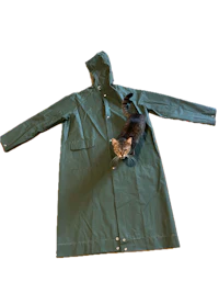a green raincoat with a cat on it