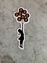 a sticker with a silhouette of a man holding balloons