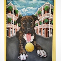 a painting of a dog with a tennis ball