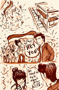 a drawing of a man and a woman talking to each other