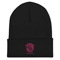 a black beanie with a pink logo on it